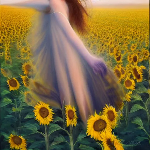 Image similar to a dreamy vision of girl slowly flying over amazing tall sunflower field, hair flowing, fog, early morning lightning, subtle, intricate details, real masterpiece, oil on canvas, by somsak anong