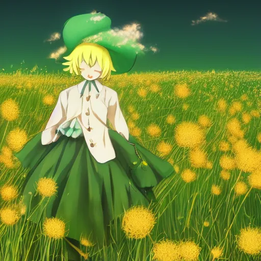 Image similar to Komeiji Koishi dancing in a field of dandelions, by Makoto Shinkai, anime, Touhou, digital art, soft lighting