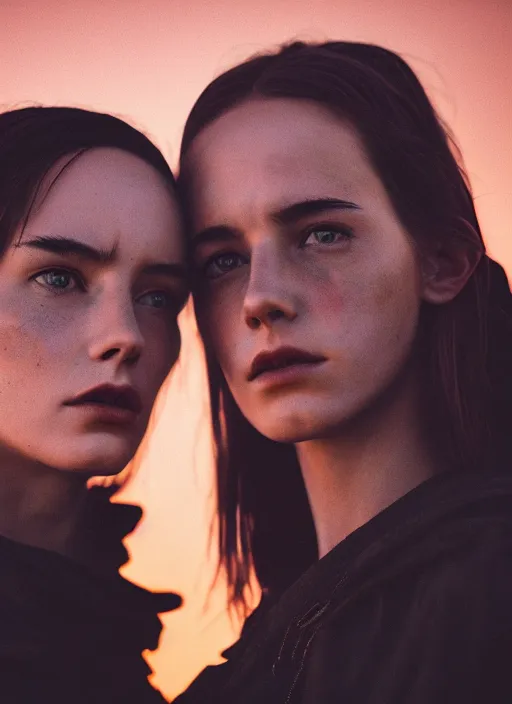 Image similar to cinestill 5 0 d photographic portrait of two sultry loving female androids wearing rugged black techwear on a desolate plain with a red sky, extreme closeup, cyberpunk style, garters, dust storm, 8 k, hd, high resolution, 3 5 mm, f / 3 2, ultra realistic faces, ex machina