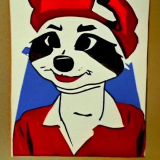 Image similar to a raccoon as rosie the riveter