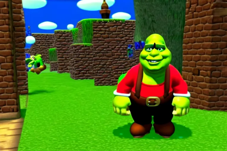 Prompt: Shrek Cameo in Super Mario 64, Raw footage