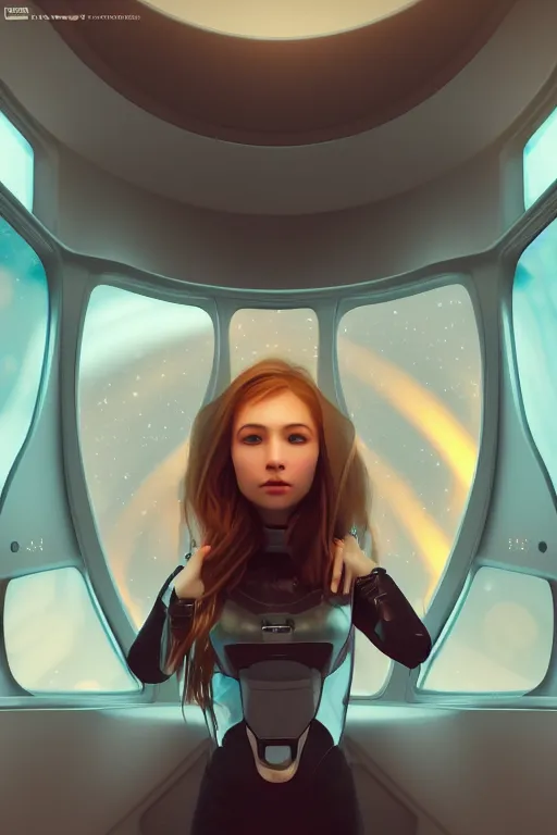 Image similar to girl in a spaceship, detailed miniskirt, beautiful model girl, full body shot, spaceship window, by artgerm, by wlop, octane render, vector art, 4 k