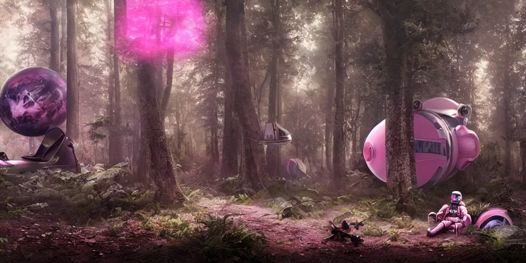 Prompt: an astronaut and a pink space ship in a forest, a detailed matte painting by frieke janssens, featured on cgsociety, space art, matte painting, matte drawing