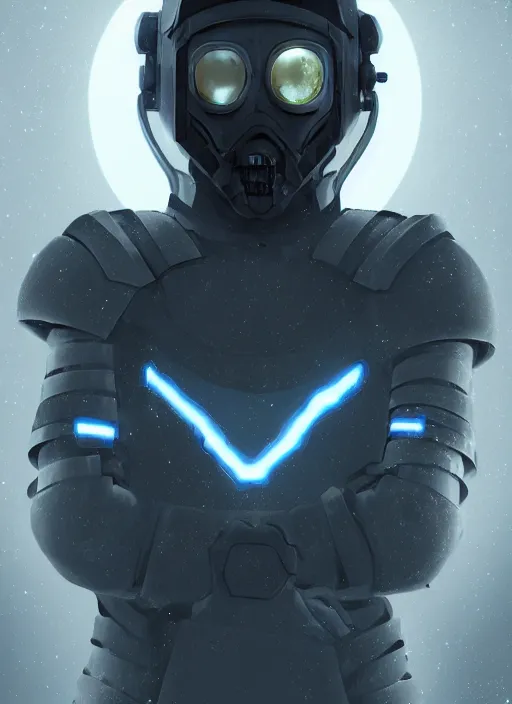 Image similar to of a hyper realistic digital art portrait of a cyberpunk war cleric in a futuristic pearl armor, tech helmet, dark gloomy environment two moons