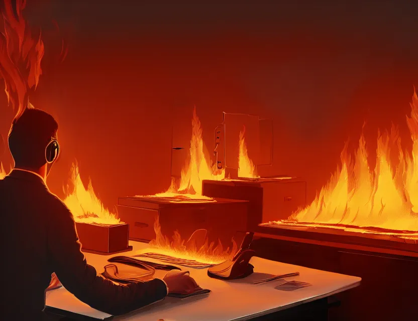 Image similar to a man works at a workstation in a big office with burning fires, close up, featured in artstation, intricate, ultra detailed, unreal engine, concept art, wide - angle lens, sharp focus, illustration, 8 k
