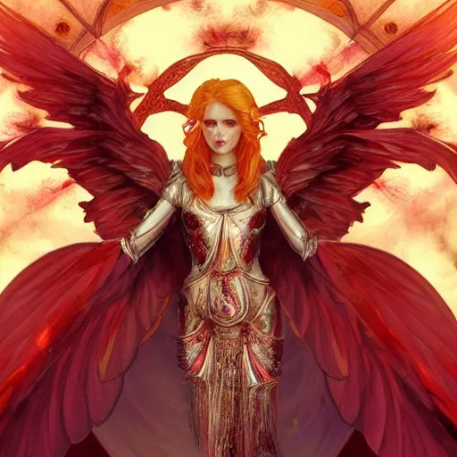 Image similar to A beautiful digital painting of a archangel with red hair, princess, a ghostly skull behind her, D&D, fantasy, intricate, cinematic lighting, highly detailed, digital painting, Artstation, concept art, smooth, sharp focus, illustration, art by Artgerm and Greg Rutkowski, Alphonse Mucha and charlie bowater