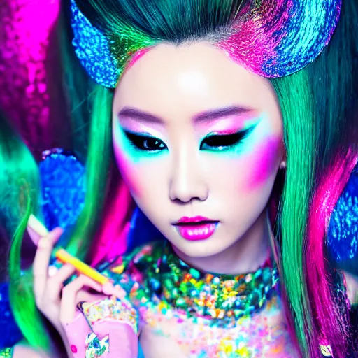 Image similar to japanese model with maximalist hair style and makeup, bright colors, fashion model, portrait shot, glitter, depth of field, 8 k, hyper detailed, intricate, trending on artstation