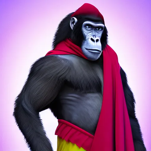 Image similar to fury art, an anthro ape wearing a large cape, colorful background, 3 d, 8 k, extremely detailed, trending on furaffinity, trending on artstation, award winning, sharp focus, illustration