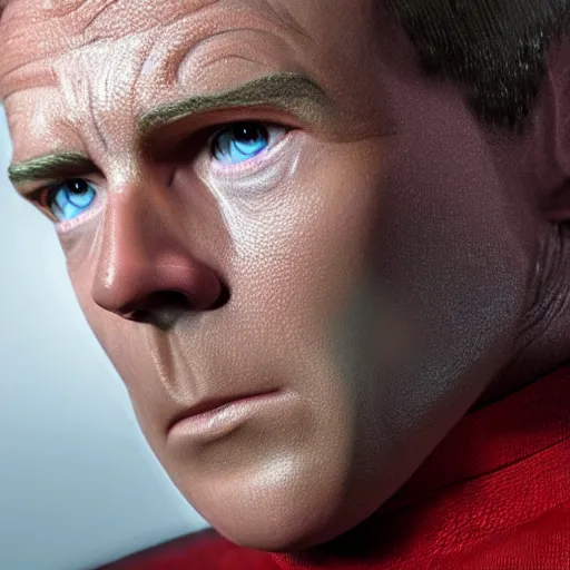 Image similar to photograph of captain j. kirk from star trek in absolute disbelief, shocked. sharp photograph, sharp focus, highly detailed,, detailed face!!, ultra realism, dramatic lighting, zeiss lens, canon eos, detailed skin, dynamic pose, 8 k resolution, hyperrealism, portrait photography