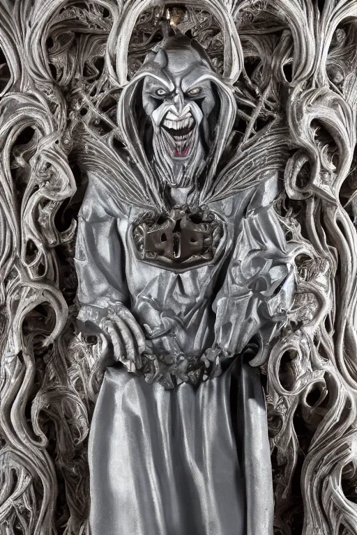 Image similar to a cinematic view of a ornated intricate gothic sacred statue of medieval joker made in light concrete, with few ornaments in shiny polished chrome, sculpted by gaudi, neutral background