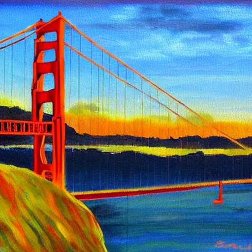 Image similar to a painting of the golden gate bridge in san francisco, a fine art painting by elaine duillo, featured on dribble, american scene painting, nightscape, impressionism, acrylic art,