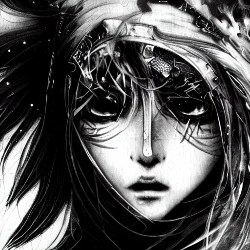 Image similar to Yoshitaka Amano blurred and dreamy illustration of an anime girl with a pirate eye patch, wavy white hair and cracks on her face wearing Elden ring armour with the cape fluttering in the wind, closeup shot, abstract black and white patterns on the background, noisy film grain effect, highly detailed, Renaissance oil painting, weird portrait angle