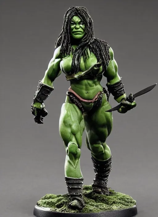 Prompt: Image on the store website, eBay, Detailed Miniature of a muscular female Orc Warrior with dark green skin .