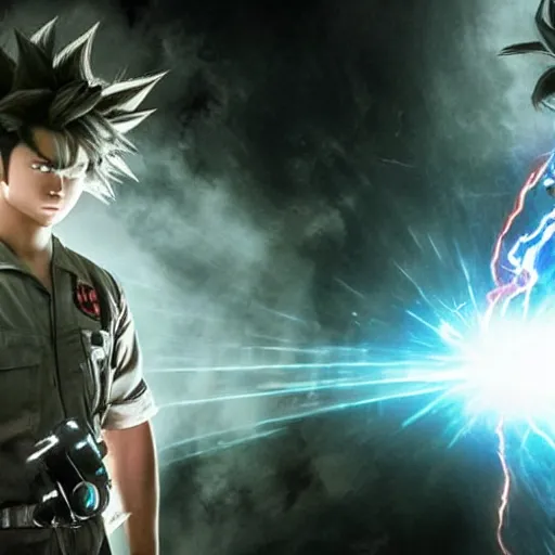 Image similar to stunning awe inspiring son goku with a highly detailed face as a ghostbuster in the movie ghostbusters, movie still 8 k hdr atmospheric lighting