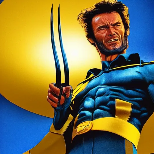 Prompt: 8 0 s, vhs, vintage movie, clint eastwood as wolverine in blue and yellow costume, octane render, beautiful composition, trending on artstation, award - winning photograph, masterpiece