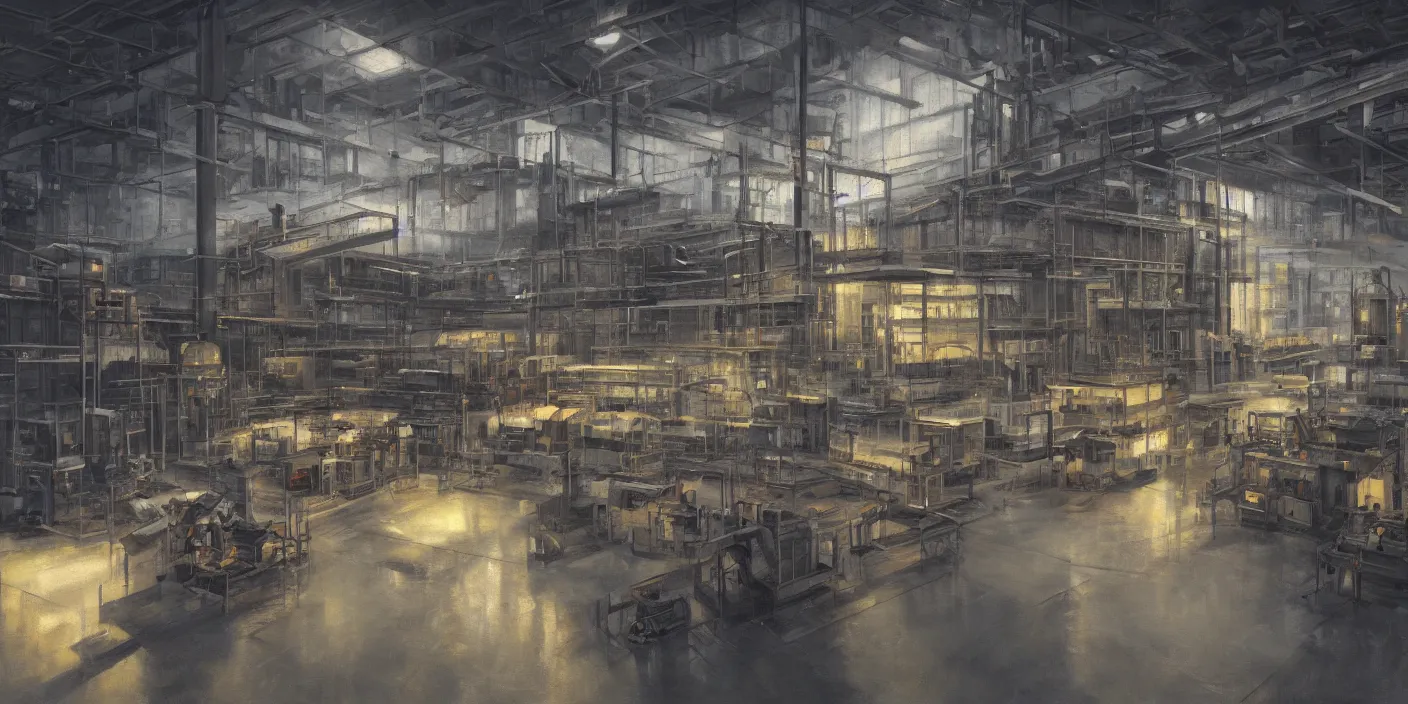 Image similar to modern factory, cinematic lighting, detailed oil painting, hyperrealistic, 8k