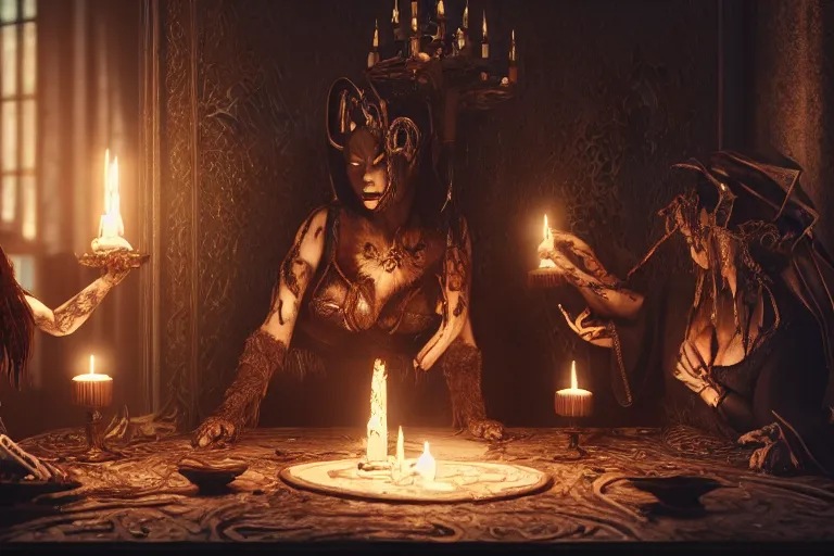 Image similar to dark witches doing a ritual. Ornate details, award winning, Octane render, 4k, 8k, unreal 5, very detailed, hyper control-realism, trending on artstation.”