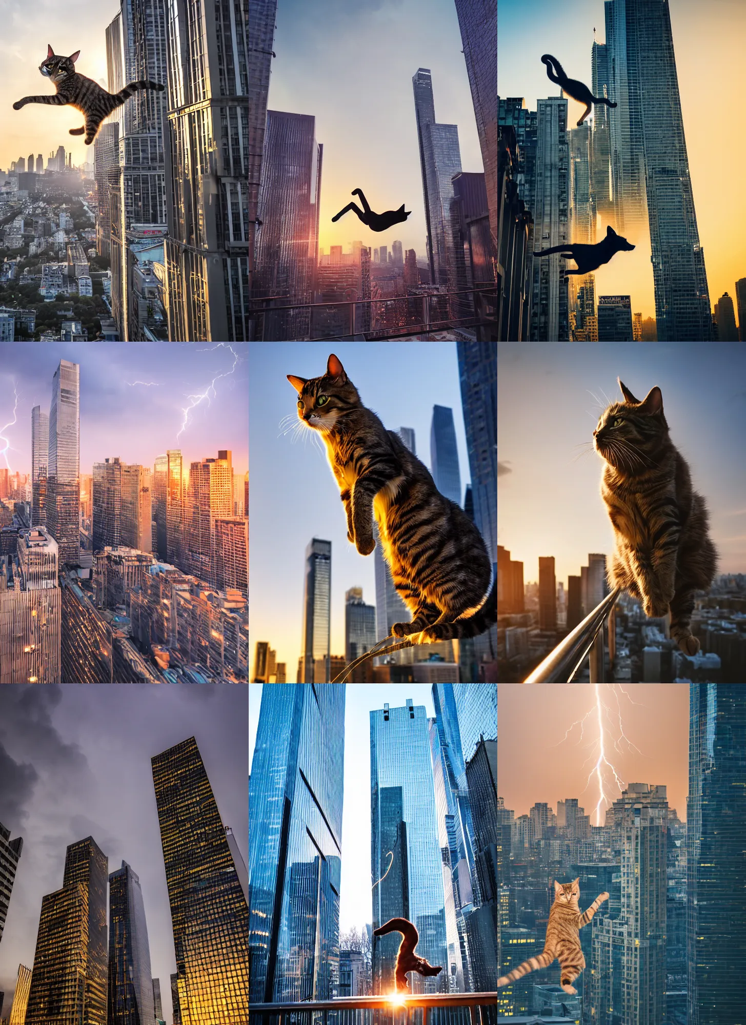 Prompt: a cinematic photograph of a cat doing parkour on a tall skyscrapers in a city, at sunset, ultra detailed, realistic, beautiful lightning, golden hour time, 8 k, high depth field