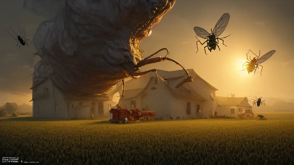 Image similar to giant insects terrorize a farm house, hyperdetailed, artstation, cgsociety, golden hour 8k