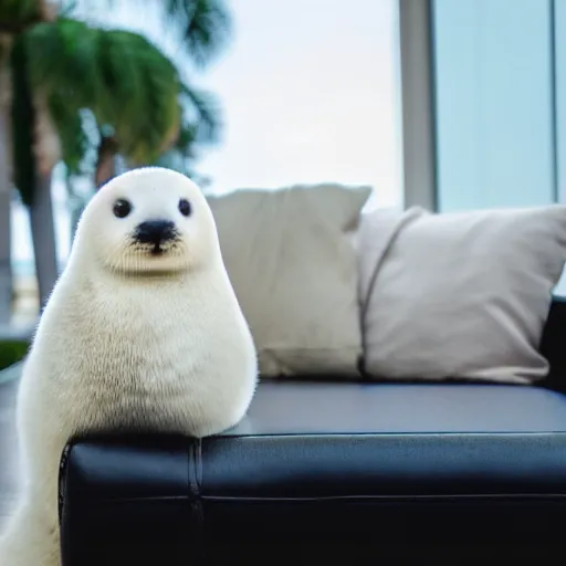 Prompt: a baby harp seal sitting near a box marked top secret, sitting on a beautiful dark leather chair at a luxury resort, palm trees outside the windows, panasonic, photo, gentle bokeh