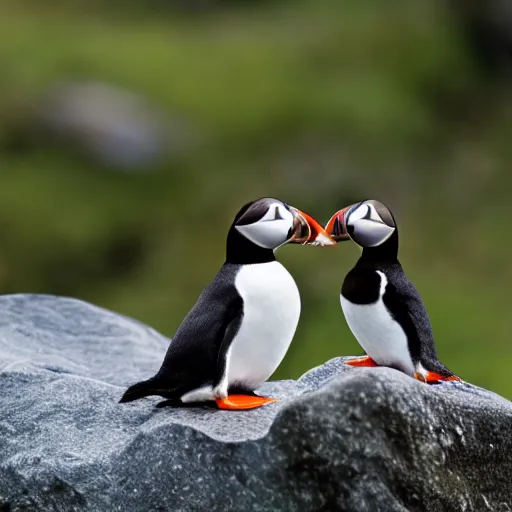 Image similar to puffin and a penguin sitting on a rock