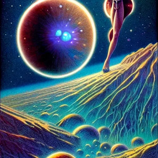 Image similar to Fantasy illustration by Clyde Caldwell - You feel a strange sensation as you examine the crystals. For a moment, you feel as if you could see the vast expanse of a universe within, as if you could reach out and touch a nebula, or watch a dying star collapse into a black hole.
