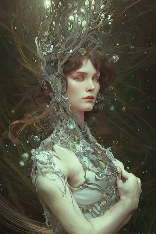 Prompt: A full portrait of a scifi nordic dryad, intricate, elegant, highly detailed, digital painting, artstation, concept art, smooth, sharp focus, illustration, art by Krenz Cushart and Artem Demura and alphonse mucha