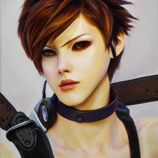 Image similar to oil painting of tracer overwatch in a field wearing very large black leather belt choker collar around neck, in style of mark arian, expressive face, very detailed face, very detailed eyes, belt around neck, full body, feminine face, tracer overwatch,