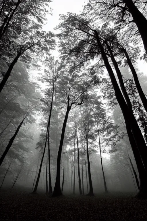 Prompt: wide angle flash photo of a creepy anthropomorphic silhouette hiding behind trees in a magic forest