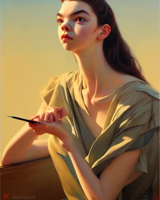 Image similar to an artistic pose, composition, anya taylor joy, realistic shaded, fine details, realistic shaded lighting poster by ilya kuvshinov, magali villeneuve, artgerm, jeremy lipkin and michael garmash and rob rey