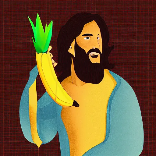 Prompt: jesus lifting a banana up into the air, digital art