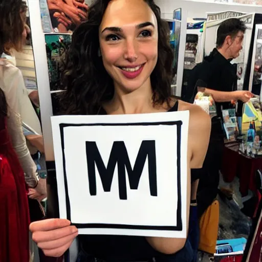 Image similar to Gal Gadot holding a sign that says M!I! T! C! H! I! E! P! O! O! !!!! as painted by Ralph Horsley