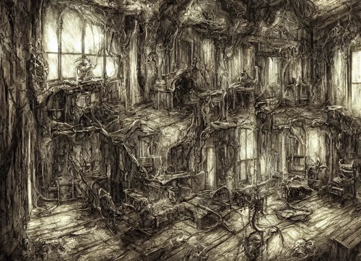 Image similar to a poltergeist inside a creepy house, fantasy art