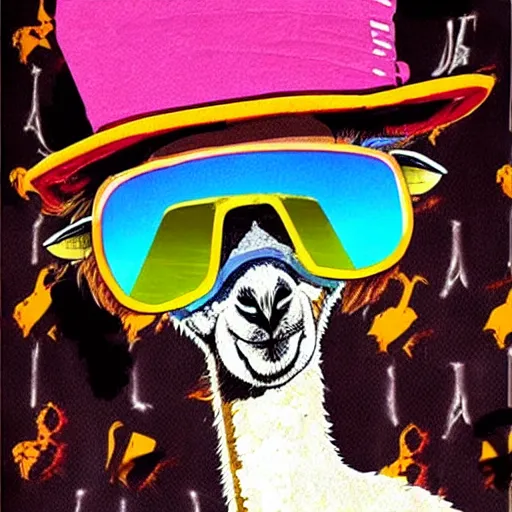 Prompt: fear and loathing of n las vegas poster with llama face