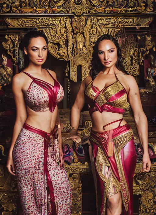 Image similar to portrait of lindsey pelas and gal gadot wearing kebaya in balinese temple, by charlotte grimm, natural light, detailed face, beautiful features, symmetrical, canon eos c 3 0 0, ƒ 1. 8, 3 5 mm, 8 k, medium - format print, half body shot