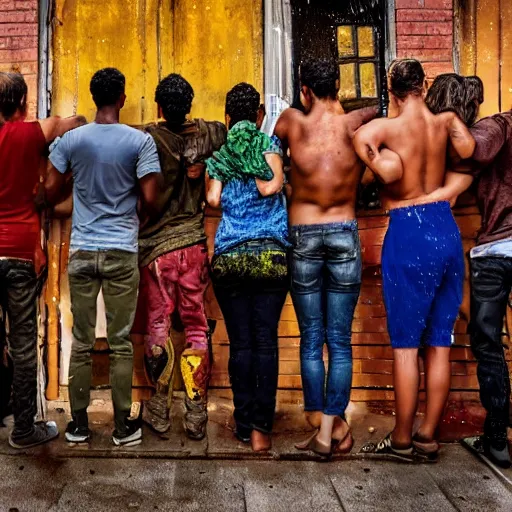 Image similar to diverse groups of humans opening a safe, from behind, rebirth, beauty, wide angle, elaborate, wet, highly detailed, colors, beautiful lighting