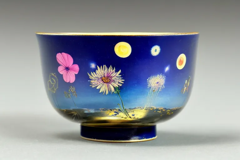 Image similar to vintage enameled cup of tea filled with starry cosmos By Salvador Dali