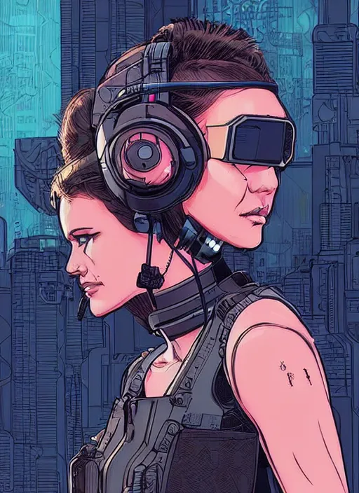 Image similar to Feminist Maria. Gorgeous female cyberpunk hacker wearing a cyberpunk headset, military vest, and jumpsuit. gorgeous face. Realistic Proportions. Concept art by James Gurney and Laurie Greasley. Moody Industrial skyline. ArtstationHQ. Creative character design for cyberpunk 2077.