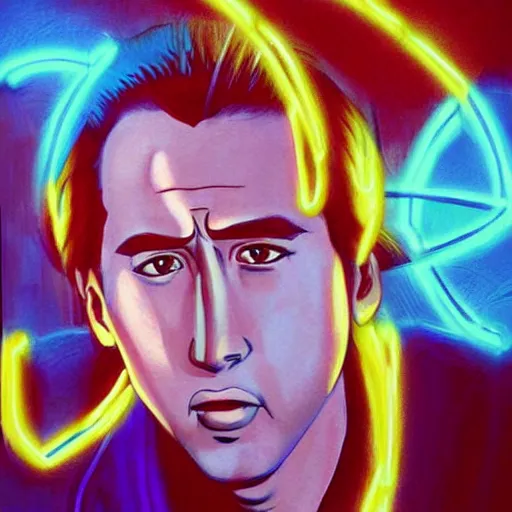 Image similar to beautiful amazing anime portrait painting of nicholas cage in tokyo. neon lights. by hayao miyazaki, katsuhiro otomo, akira toriyama, satoshi kon, eiichiro oda, hideaki anno