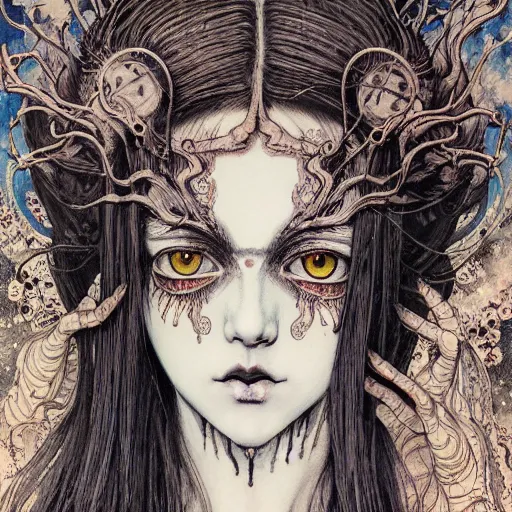 Image similar to prompt: Mysterious girl face painted in William Blake style drawn by Vania Zouravliov and Takato Yamamoto, intricate oil painting, high detail, Neo-expressionism, post-modern gouache marks on the side, gnarly details soft light, white background, intricate detail, intricate ink painting detail, sharp high detail, manga and anime 2000