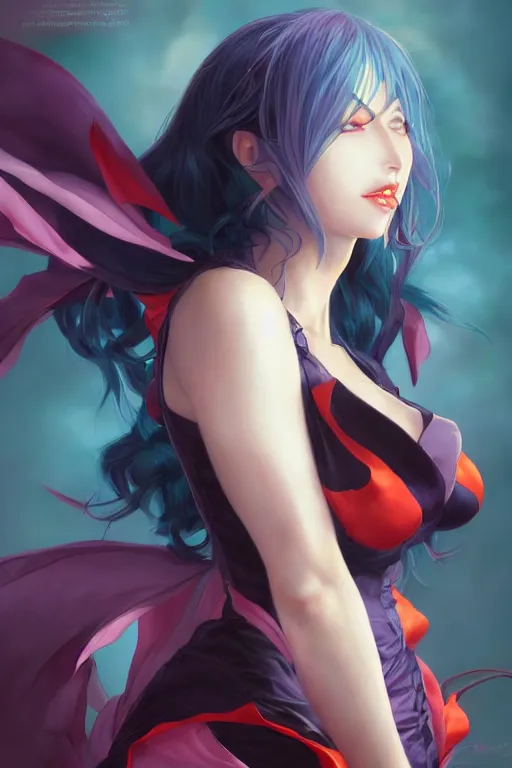 Image similar to A beautiful anime portrait of Morrigan from darkstalkers , by Stanley Artgerm Lau, WLOP, Rossdraws, James Jean, Andrei Riabovitchev, Marc Simonetti, and Sakimichan, tranding on artstation