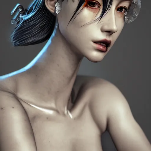 Prompt: closeup portrait of an absurdly beautiful, graceful, sophisticated, fashionable cyberpunk gravure idol, an ultrafine hyperdetailed illustration by kim jung gi, irakli nadar, matt wisniewski style, fashion photography, intricate linework, porcelain skin, unreal engine 5 highly rendered, global illumination, radiant light, detailed and intricate environment