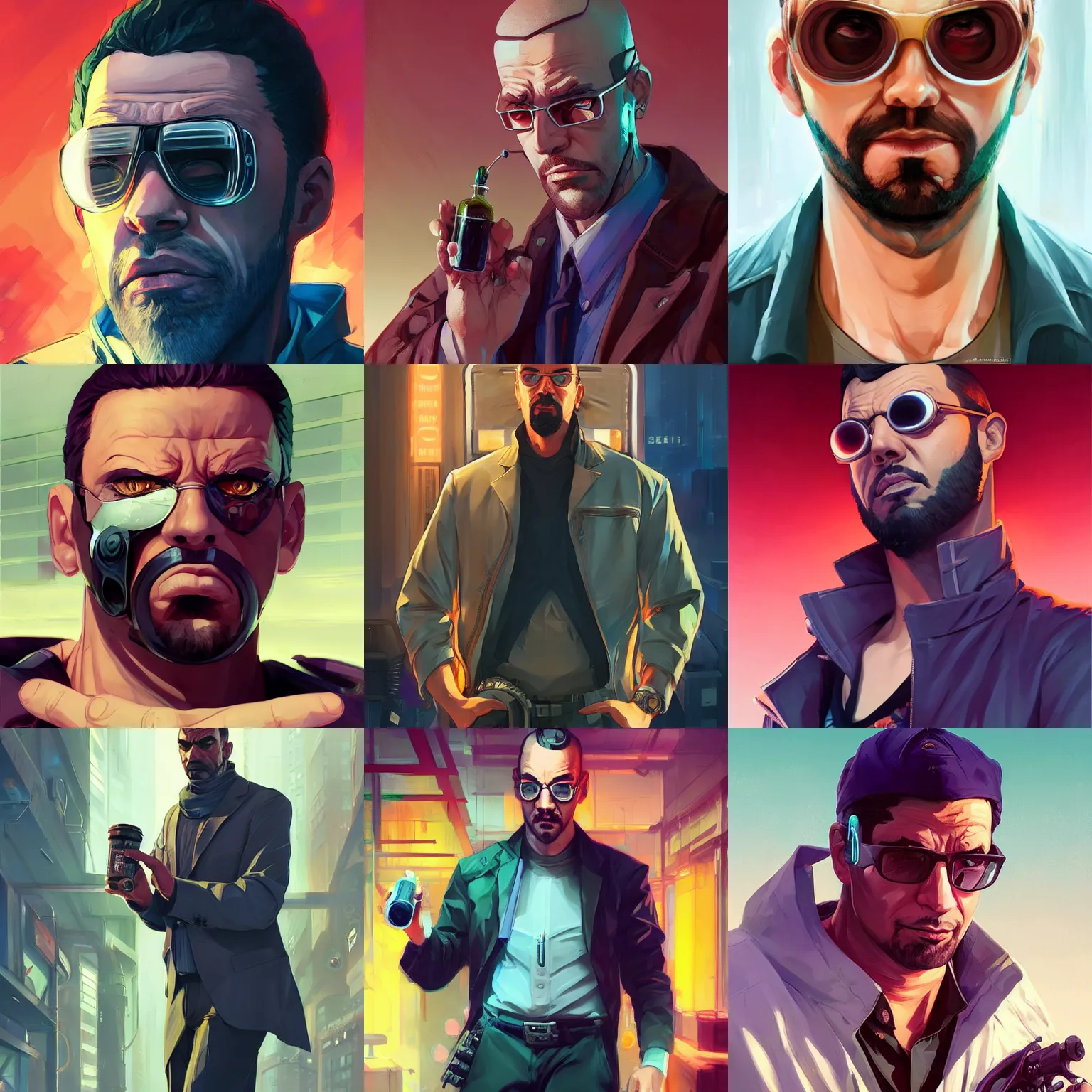 Prompt: portrait of a cyberpunk gentleman with a salt and pepper goatee, fantasy, art gta 5 cover, official fanart behance hd artstation by jesper ejsing, by rhads, makoto shinkai and lois van baarle, ilya kuvshinov, ossdraws