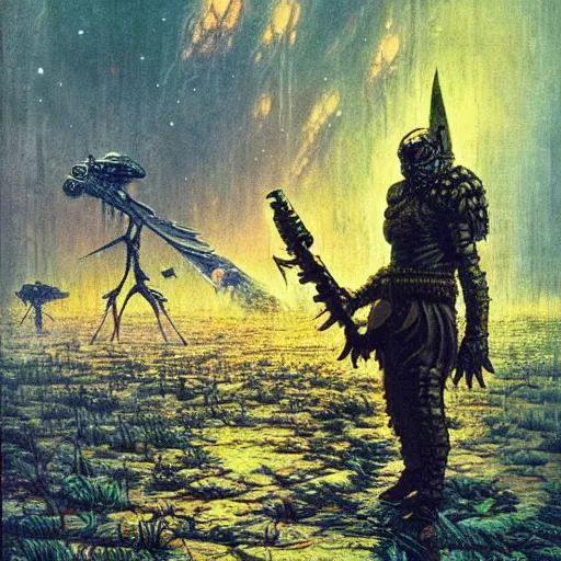 Image similar to sardaukar warrior walking the acid swamps of venus, vintage sci - fi art, by bruce pennington