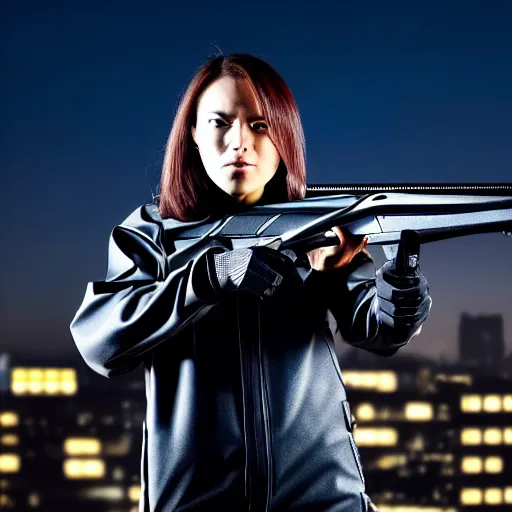 Image similar to photographic portrait of a techwear woman holding a shotgun, closeup, on the rooftop of a futuristic city at night, sigma 85mm f/1.4, 4k, depth of field, high resolution, 4k, 8k, hd, full color, Die Hard, movies with guns, movie firearms