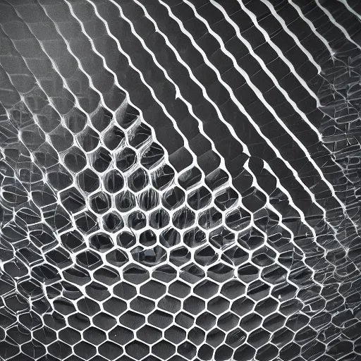 Prompt: abstract honeycomb structure inside a acrylic cube in a dark grey background