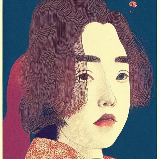 Prompt: “ florence pugh portrait by ikenaga yasunari and ayana otake and ko rakusui, 6 0 s poster, drawing, realistic, sharp focus, japanese, dreamy, nostalgia, faded, golden hues, floral clothes ”