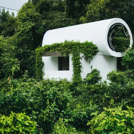 Image similar to futuristic house white covered in plants, hanging vines, motorcycle