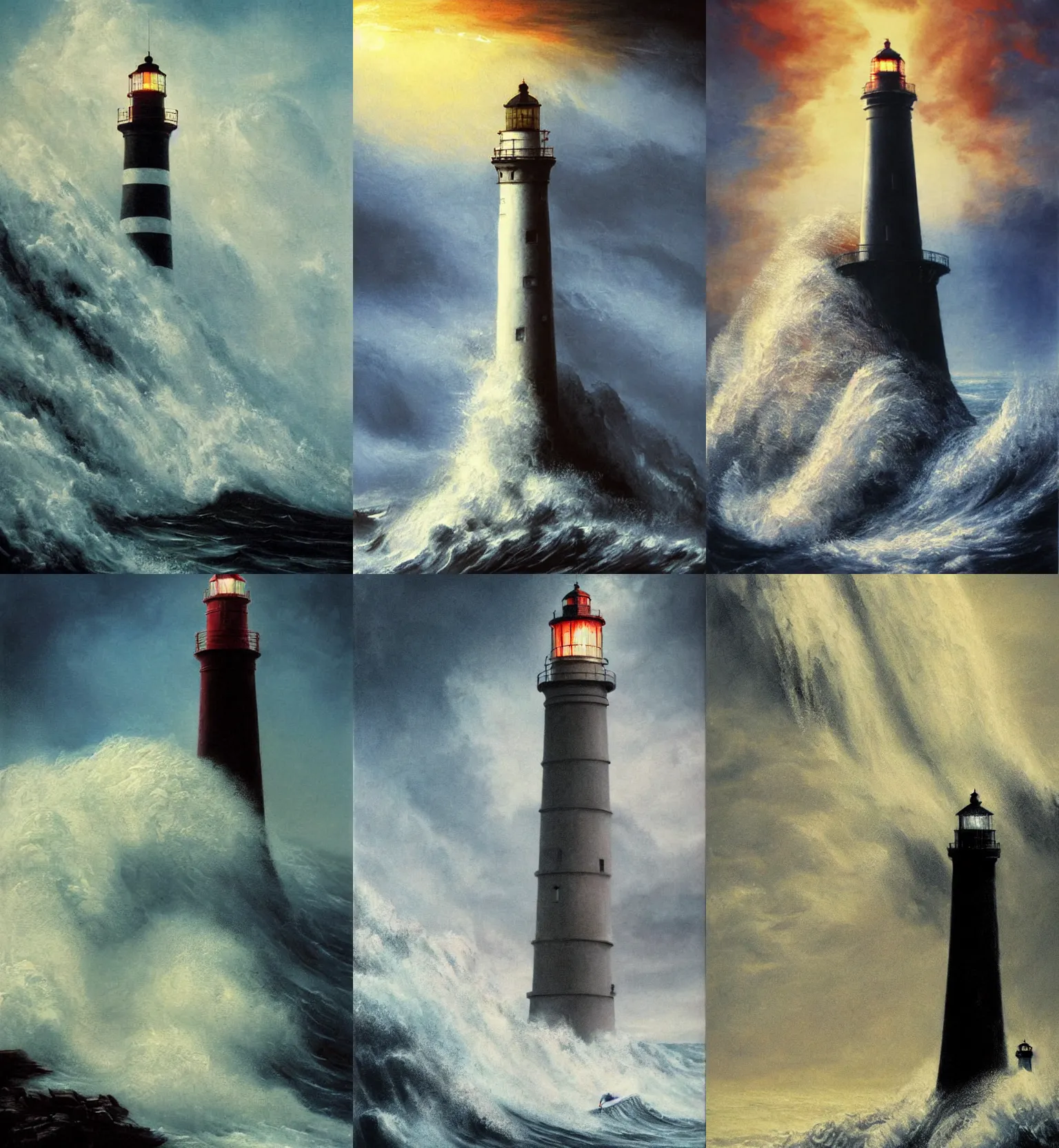 Prompt: movie poster, huge waves crashing over a lighthouse, john martin, painting, sharp, lord of the rings, sauron