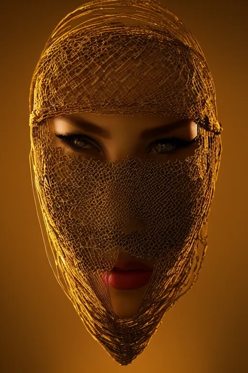 Image similar to wide angle portrait of a woman wearing a mask over her mouth made out of golden intricate wire, weaving the strings of the multiverse, dramatic, moody, backlight, photoreal, intricate complexity, manga styling, octane render